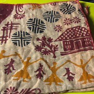 Handblocked Cotton Bandana with Folk Motifs - Burgundy & Mustard